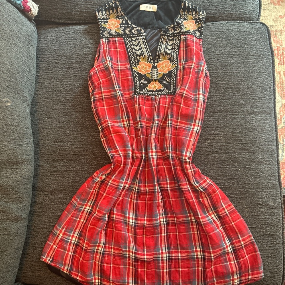 Red Plaid Embroidered Dress